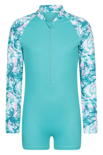 Mira Long Sleeve Kids Rash Shorty Swimsuit - Turquoise