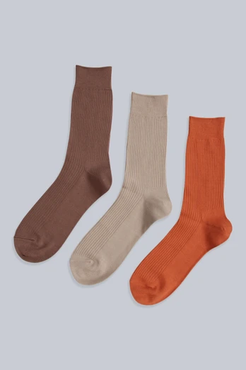 Flynn Mens Ribbed Mid Calf Socks- 3 Pack - Brown