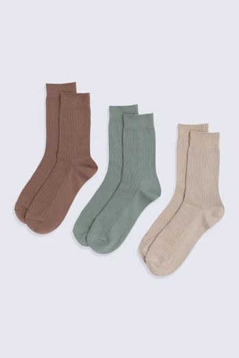 Flynn Mens Ribbed Mid Calf Socks- 3 Pack - Dark Beige