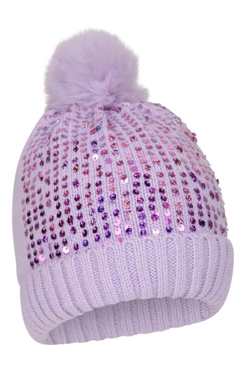 Sequin Kids Fleece Lined Pom Beanie - Purple