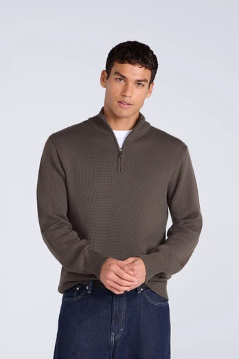 Mens Ribbed Quarter Zip Jumper - Khaki