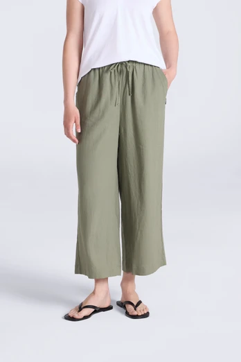 Womens Linen Blend Crop Trousers - Khaki