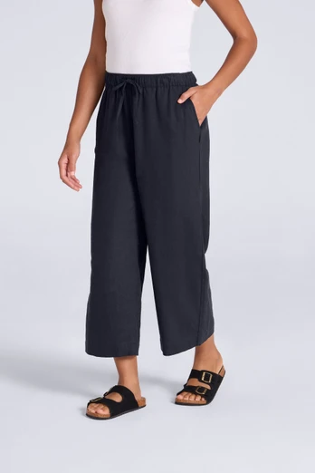Womens Linen Blend Crop Trousers - Navy