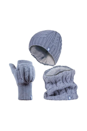 Hat, Neck Warmer Gloves Ladies Winter Set - Sky