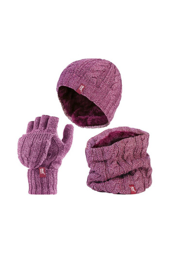 Hat, Neck Warmer Gloves Ladies Winter Set - Rose