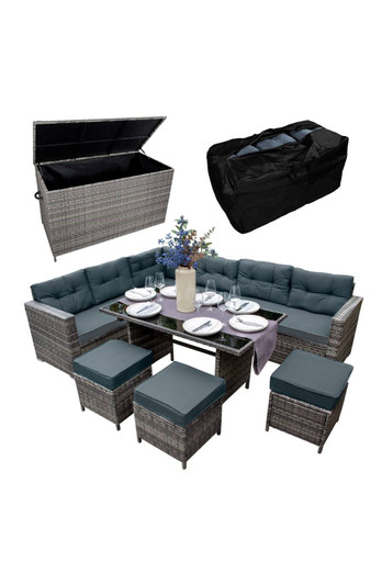 Rattan Corner Set & Cushion Storage Box - Grey