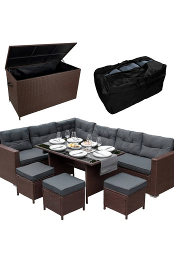 Rattan Corner Set & Cushion Storage Box - Brown
