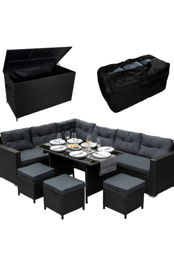 Rattan Corner Set & Cushion Storage Box - Black