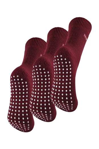 3 Pairs Ladies Fleece Lined Slipper Socks - Burgundy