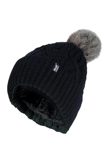 Ladies Cuffed Pom Pom Beanie - Black