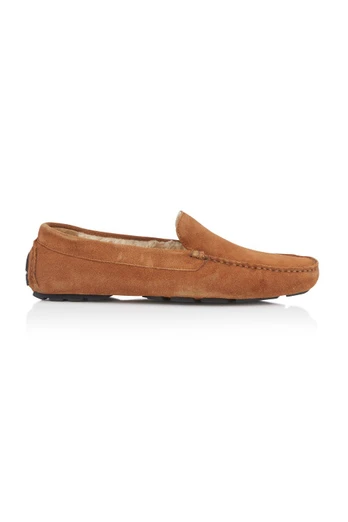 Lawrence Mens Leather Fleece Loafer Slippers - Tan