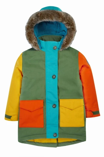 Kids Waterproof Sherpa Lined Penhale Parka Coat - Khaki Colourblock