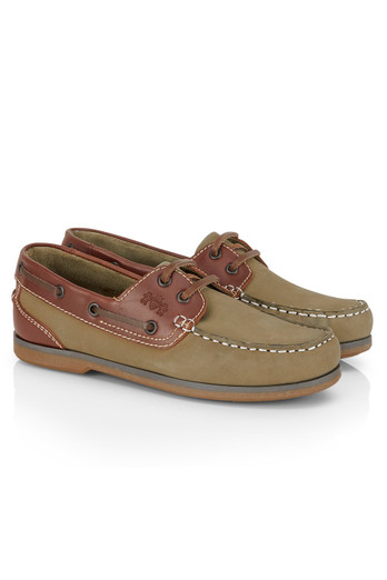 Pippa Womens Premium Leather Boat Shoes - Olive/Brown