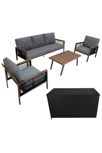Aluminium 4 Piece Sofa Set & Box - Wood Effect - Brown