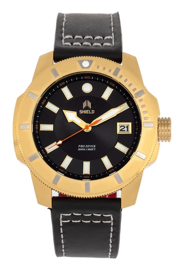 Shaw Mens Leather Band Diver Watch with Date - Gold/Black