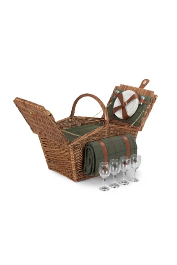 Elegant 4 Person Green Tweed Fitted Picnic Basket - Green