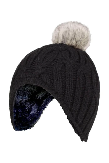 Kids Cable Knit Pom Pom Hat - Black