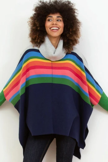 Poole Womens 100% Organic Cotton Knit Poncho - Rainbow Navy