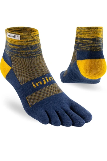 Mid Weight Mens Trail Run Mini-Crew Toe Socks - Dark Blue/Gold