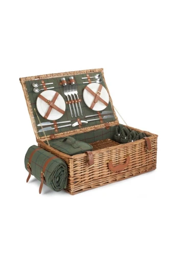 Wicker Deluxe 4 Person Green Tweed Picnic Basket - Green
