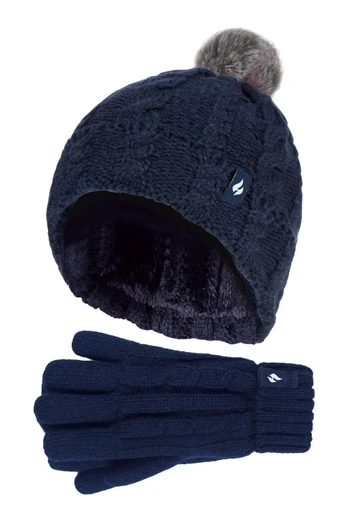Kids Cable Bobble Hat & Gloves Set - Navy