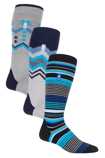 3 Pairs Ultra Lite Mens Long Thermal Ski Socks - Blue