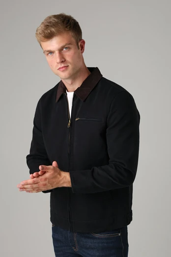 Mens Cotton Canvas Chore Jacket with Zip - Black