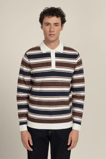 Osterby Mens Stripe Knitted Long Sleeve Polo Shirt - Navy