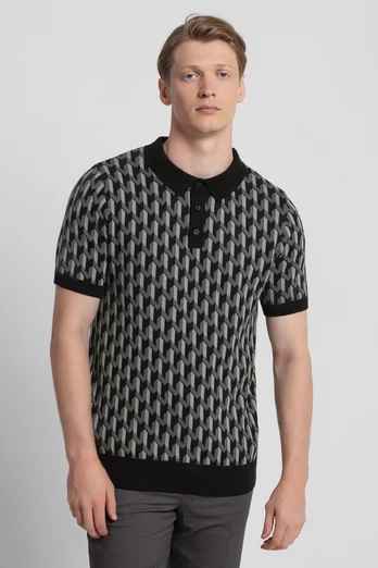 Mens Geometric Jacquard Short Sleeve Polo Shirt - Black