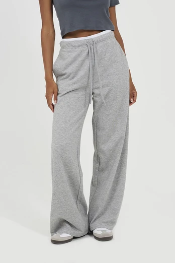 Contrast Double Waistband Wide Leg Womens Joggers - Grey