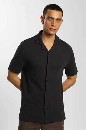 Mens Jersey Short Sleeve Shirt With Waffle Texture - Black