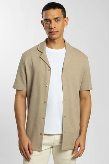Mens Jersey Short Sleeve Shirt With Waffle Texture - Stone