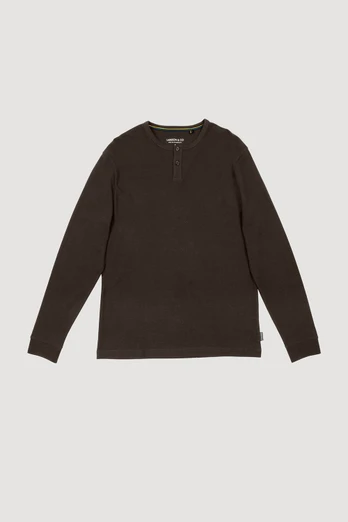 Mens Waffle Textured Long Sleeve Henley T-Shirt - Brown