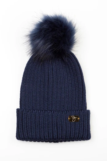 Bella Womens Pom Pom Beanie Hat - Navy