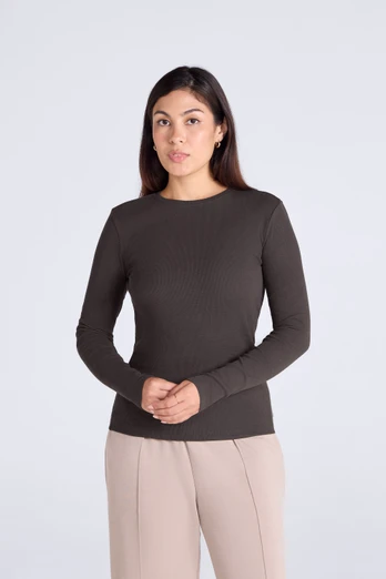 Evo Rib Womens Crew Long Sleeve Top - Dark Brown