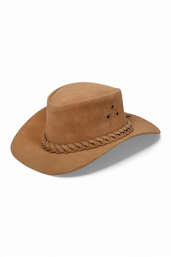 Mens Western Real Leather and Suede Aussie Hat - Tan