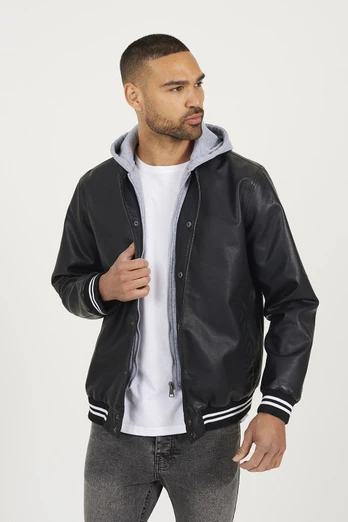 Mens Jersey Hooded Varsity Style PU Jacket - Black