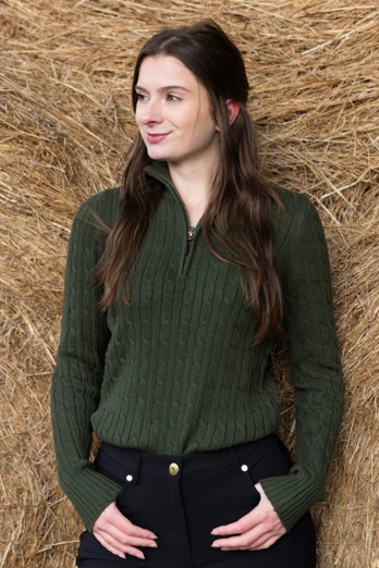 Emma Womens 1/4 Zip Cable Knit Jumper - Khaki