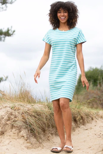 Womens Alum 100% Organic Cotton Jersey Dress - Lagoon Stripe