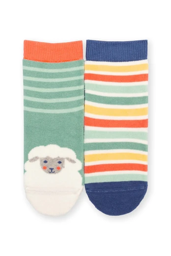 Kids Baa Baa 90% Cotton 2 Pack Grippy Socks - Green/Rainbow