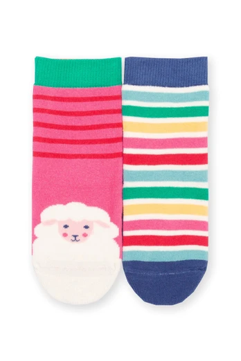 Kids Baa Baa 90% Cotton 2 Pack Grippy Socks - Pink/Rainbow