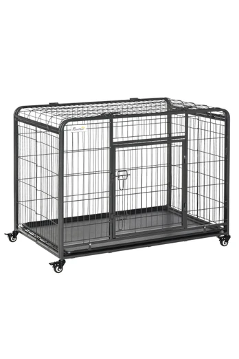 Metal Dog Kennel with Locking Door - Dark Grey