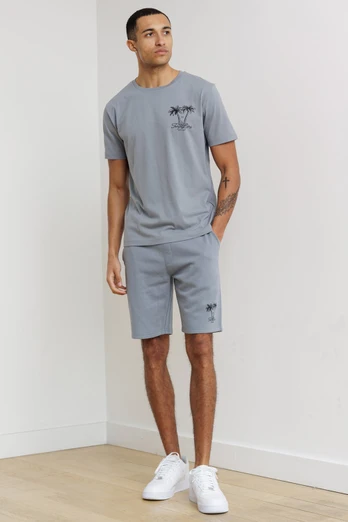 Mens Palm Print T-Shirt and Shorts Lounge Set - Grey