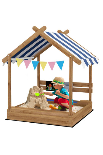 Kids Sandpit with Canopy, Blackboard Sink Seats - Brown