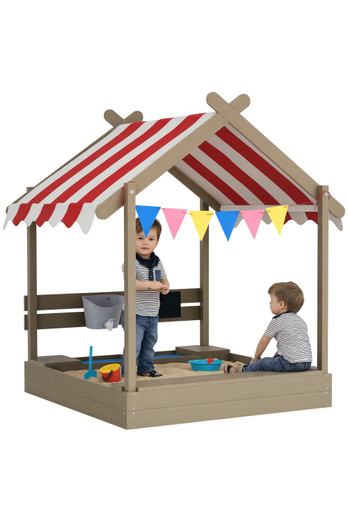 Kids Sandpit with Canopy, Blackboard Sink Seats - Grey