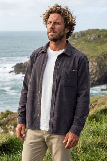 Men's Long Sleeve Corduroy Shirt with Chest Pocket - Slate Grey