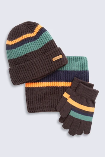 Kids Sherpa Lined Hat Snood Glove Set - Brown