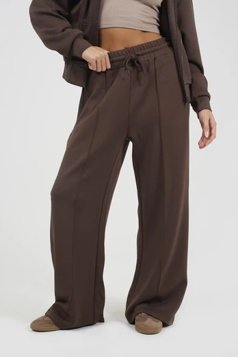 Wide Leg Scuba Womens Joggers Seam Detail - Chocolate