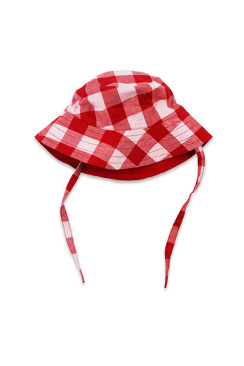 Kids 100% Cotton Gingham Woven Reversible Sun Hat - Red