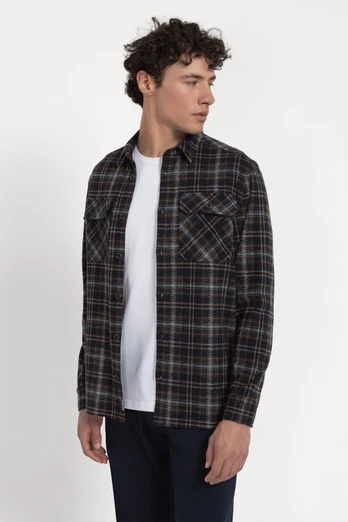 Mens Check Jersey Casual Overshirt - Navy